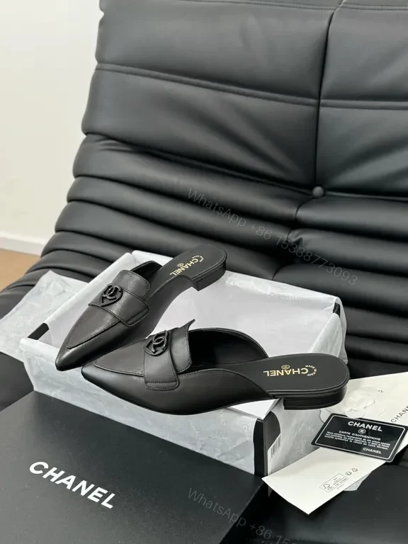 View 4 of Chic Black Leather Mules with CC Detail - Luxury Comfort