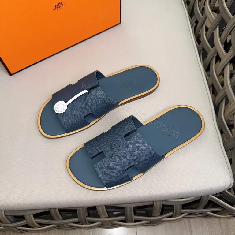View 2 of Premium Textured Navy Slide Sandals with Leather Detail