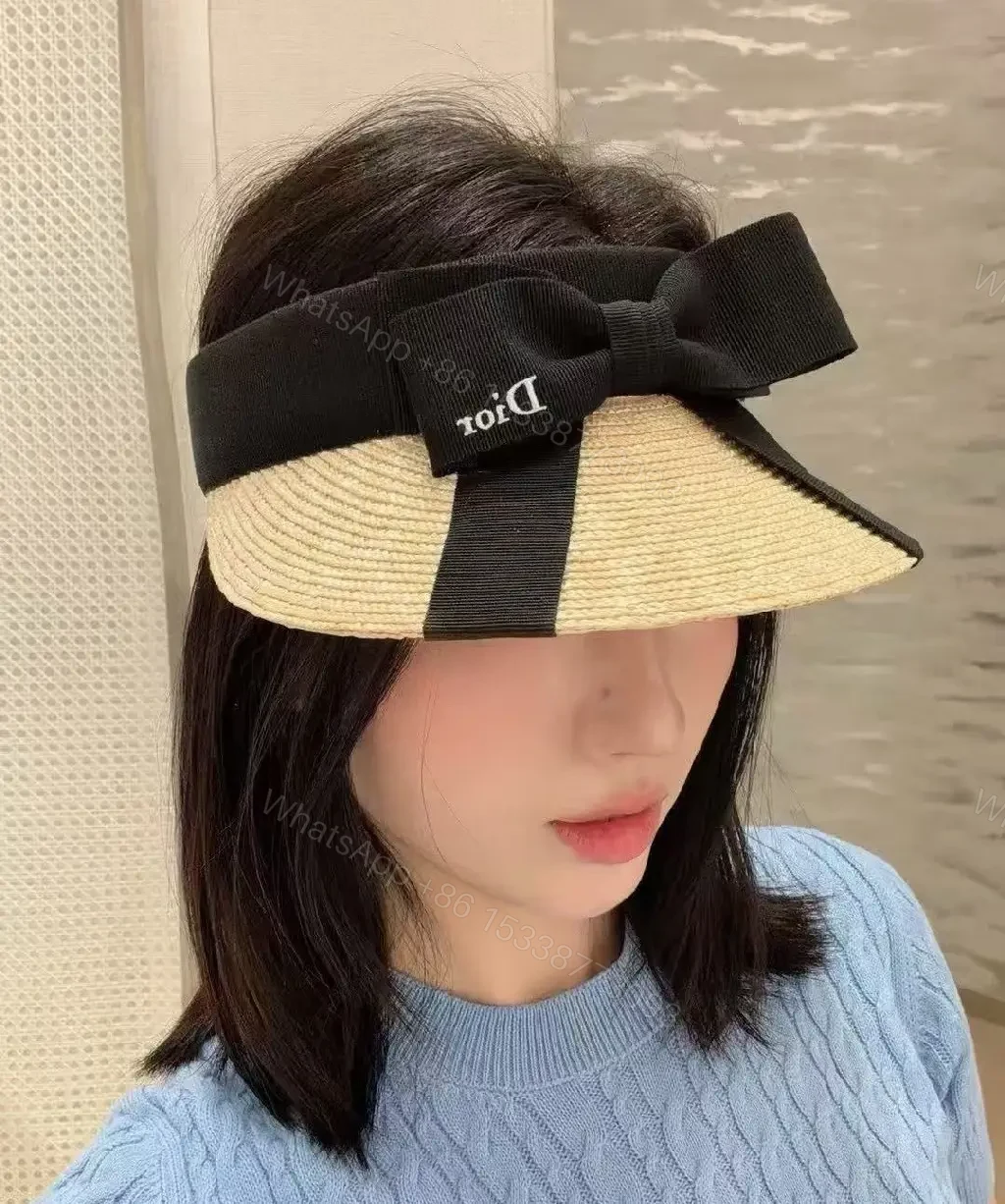 View 2 of Beige Straw Chic Sun Hat Visor, Woven, Faux Dior Ribbon
