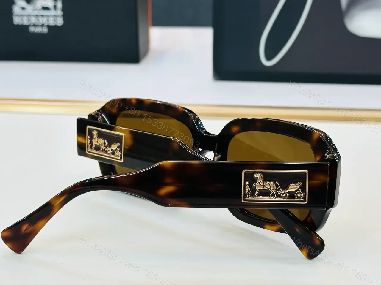 View 7 of Black Acetate Oversized Sunglasses – Square Lenses, Gold Emblem & Plaque Style