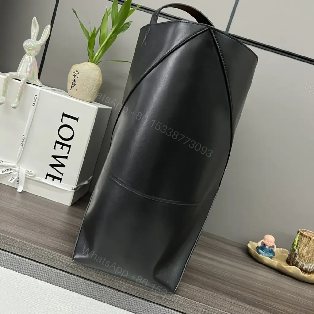 View 9 of Black Leather Structured Tote with Geometric Panels & Gold LOEWE Logo