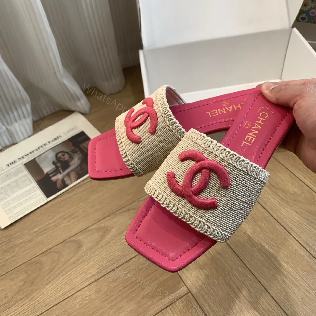 View 5 of Patterned Texture Slip-Ons: Bold Pink Footbed, Woven Strap Slides