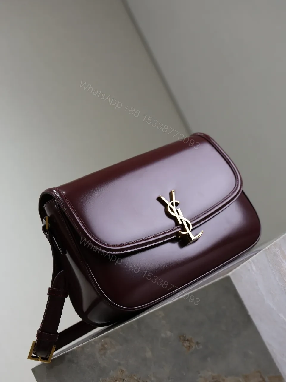 View 6 of Structured Burgundy Leather Crossbody: Gold Logo, Modern Chic