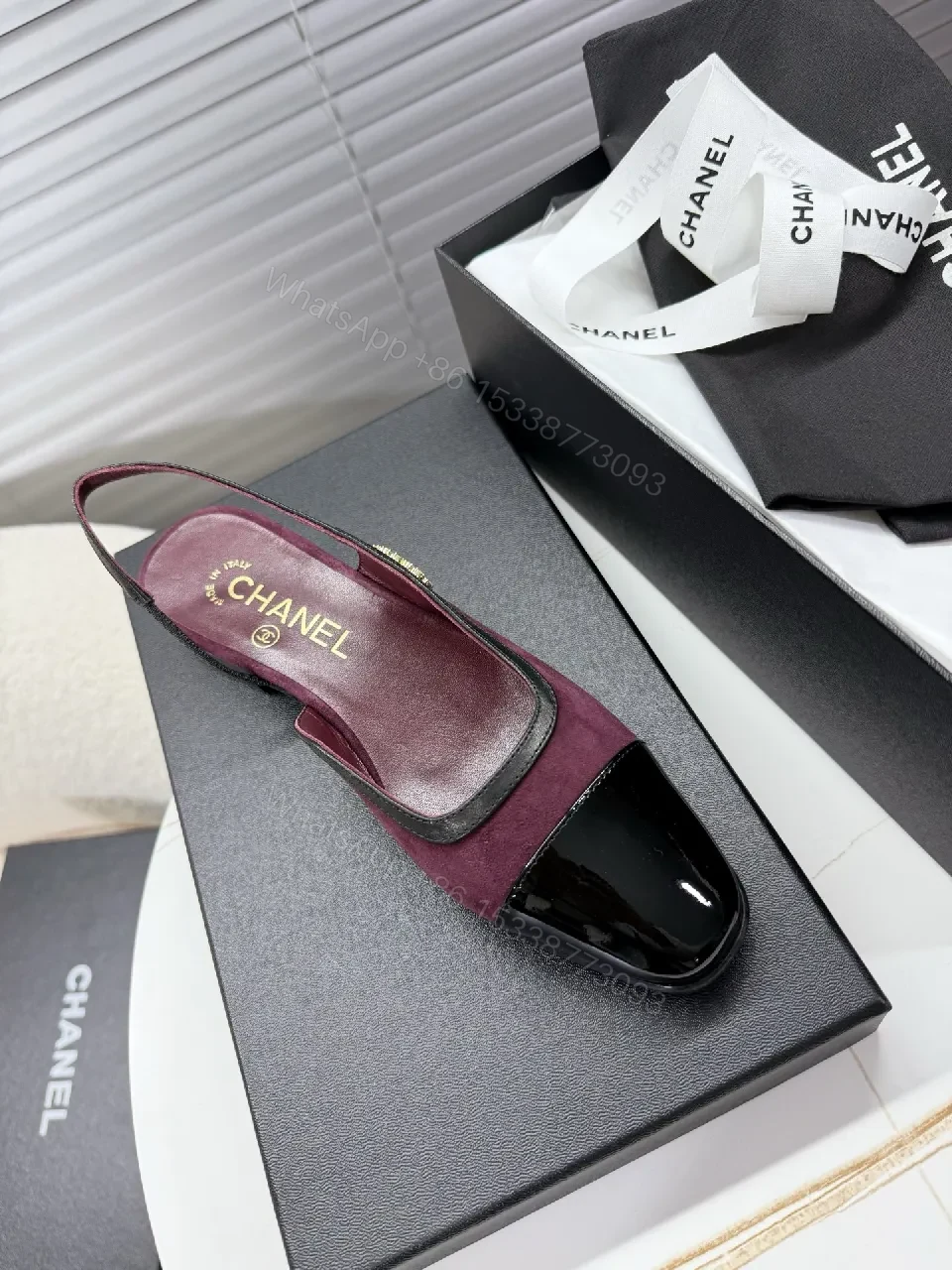 View 5 of Velvet Burgundy Slingback Mules with Patent Cap Toe