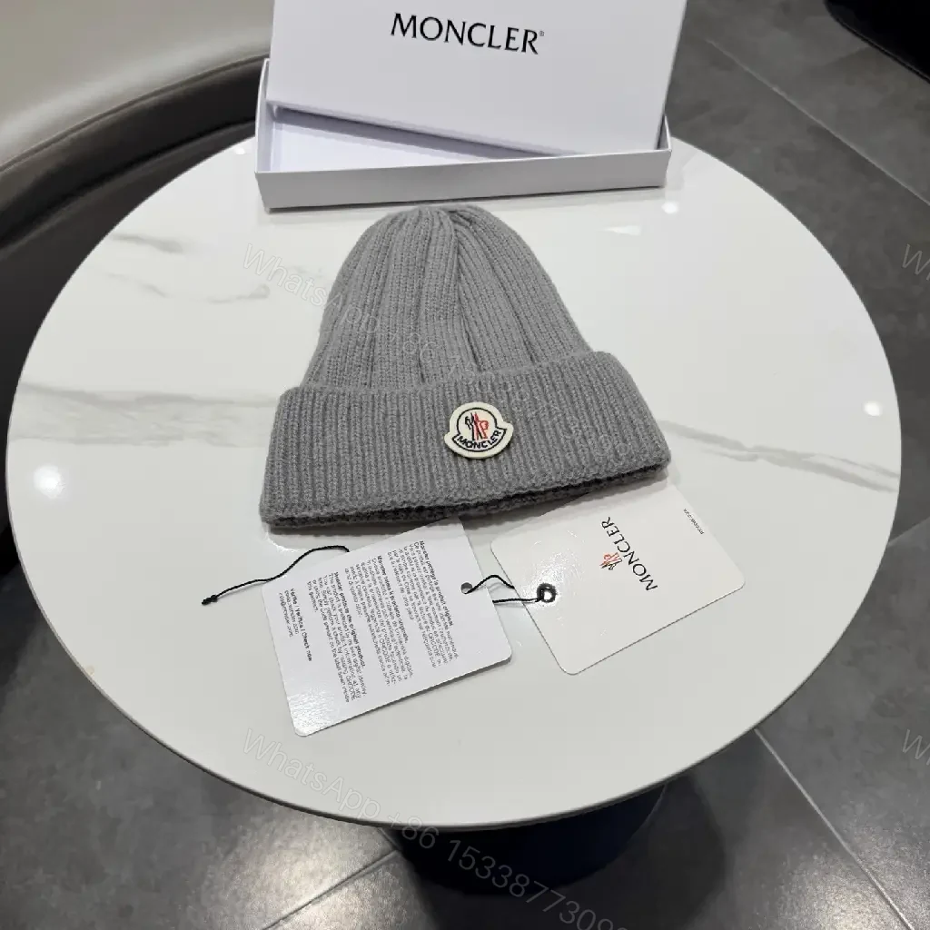 Gray Knit Beanie, Moncler Crest, Luxury Streetwear Style, Warmth Ready — view 1