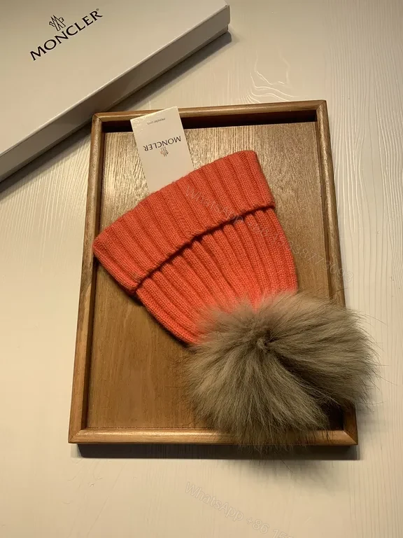 View 3 of Orange Knit Beanie with Fur Pom-Pom by Moncler - Luxe Wool Blend, Ribbed Style