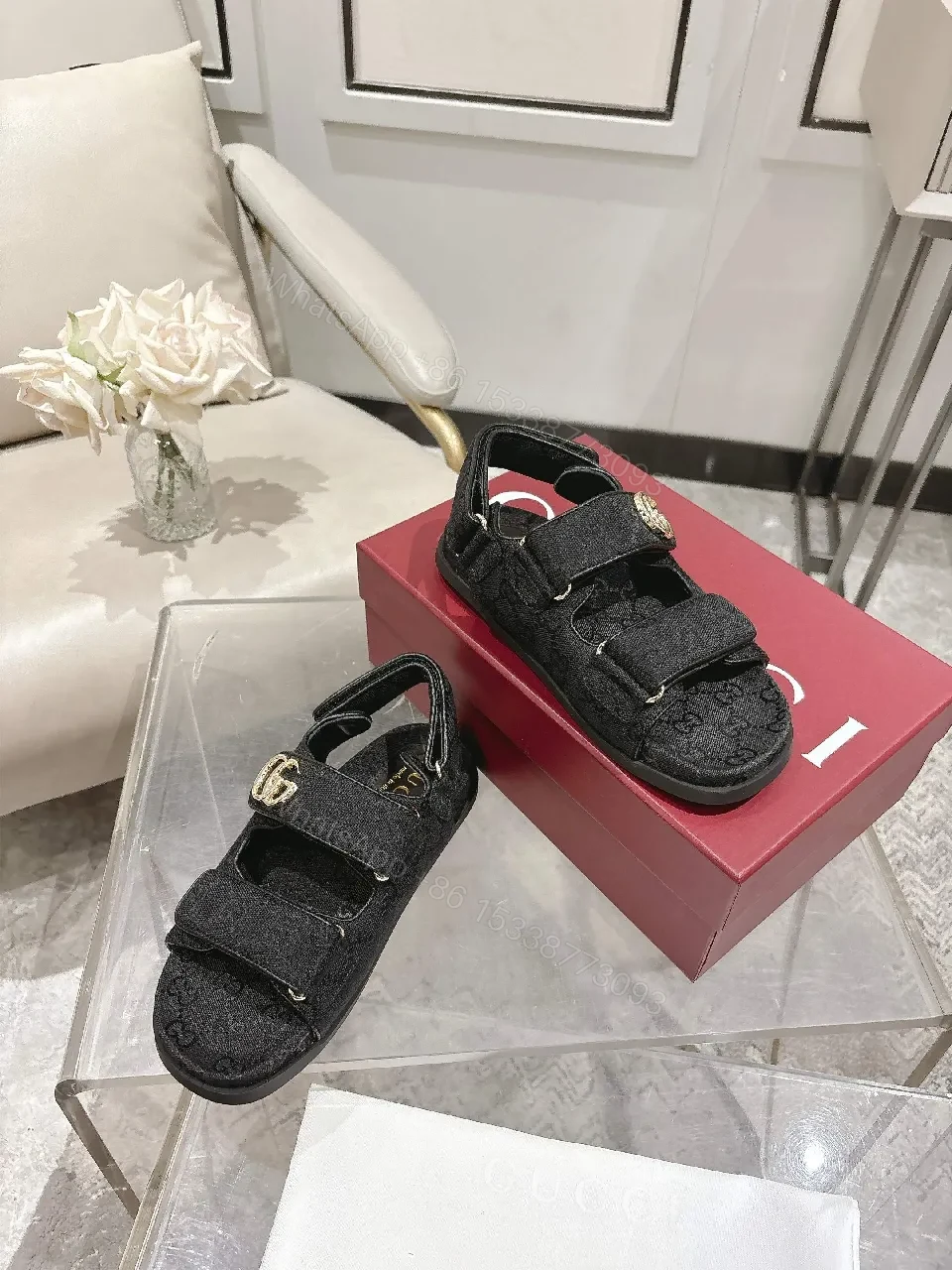 View 7 of Black Textile Sandals with Gold Hardware, Contempo Comfort