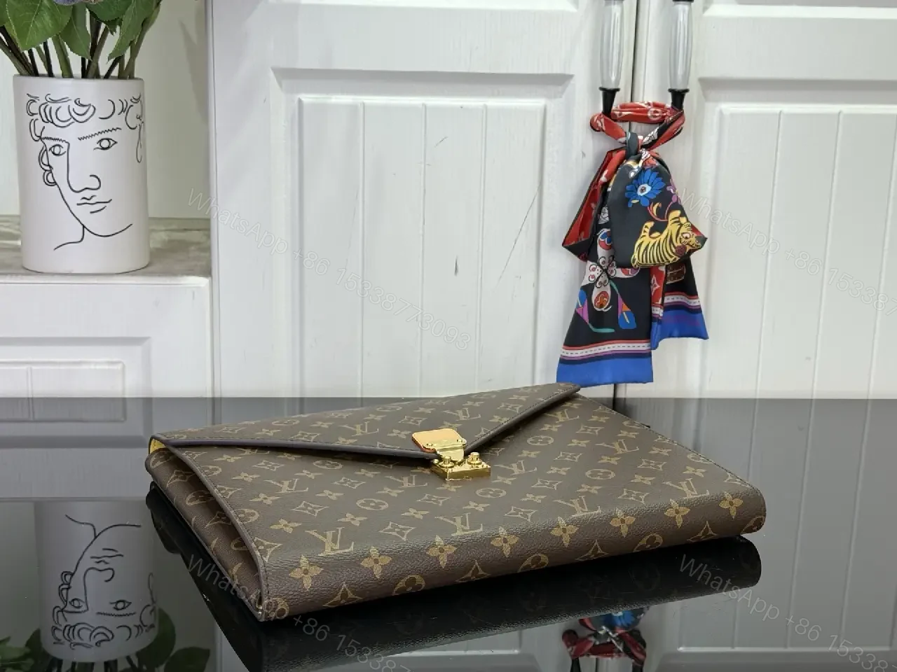 View 7 of Brown Coated-Canvas Clutch: Monogram, Structured, Gold Hardware