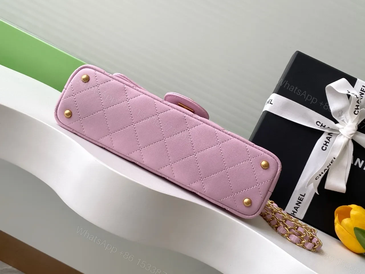 View 4 of Soft Pink Quilted Bag – Gold Hardware, Modern Elegance, Everyday