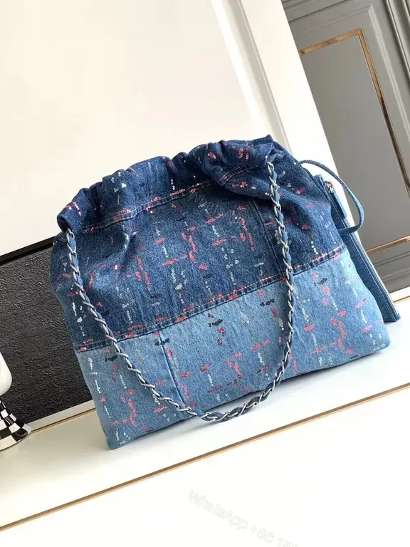 View 2 of Denim-Texture Chanel-Inspired Drawstring Bag, Everyday Luxury