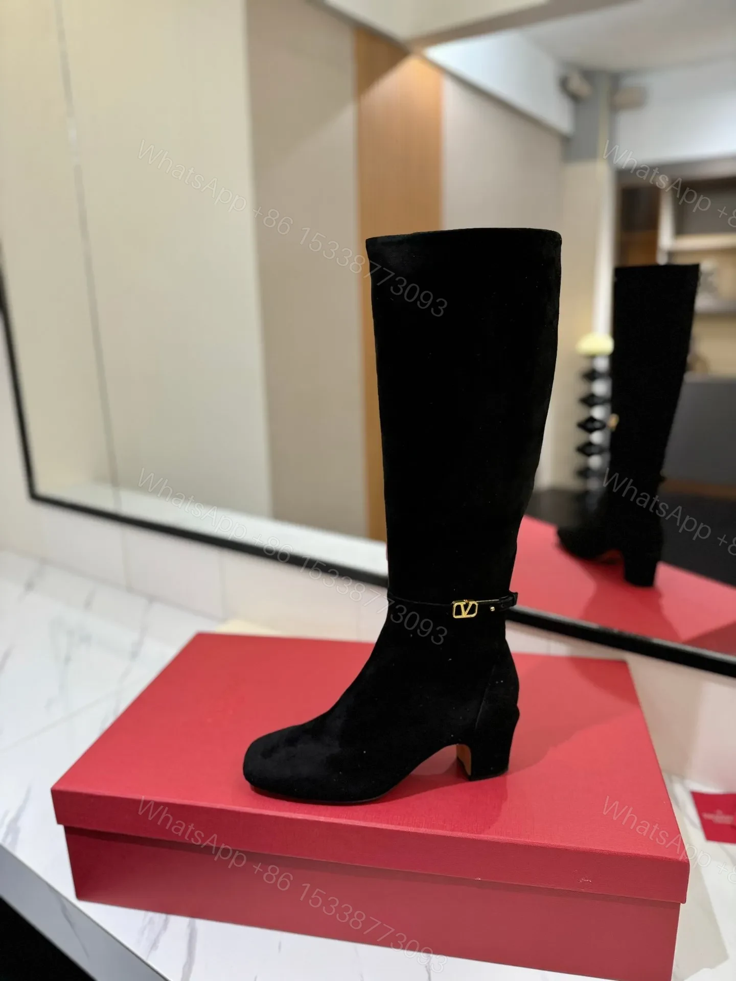 View 5 of Valentino Women Black Suede Mid Heel Boots