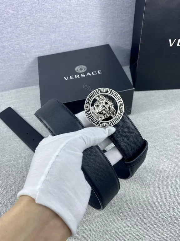 View 9 of Slim Black Leather Belt with Gold Medusa Buckle - Versace Style Belt