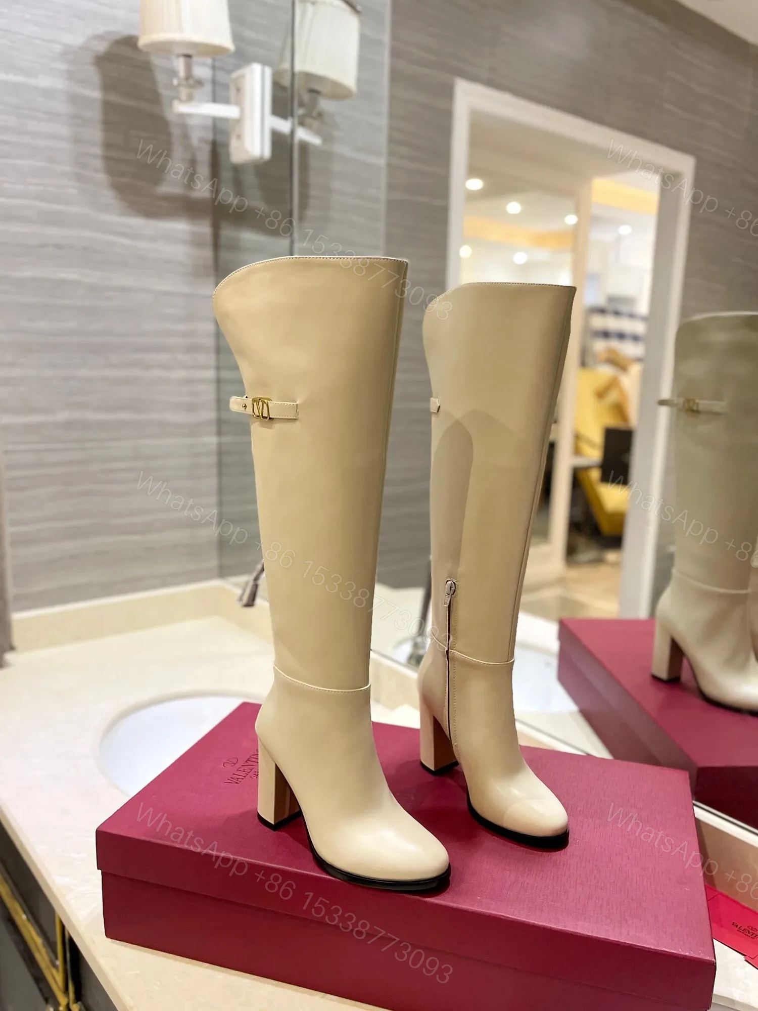 Valentino Women Beige Leather Knee High Boots — view 2