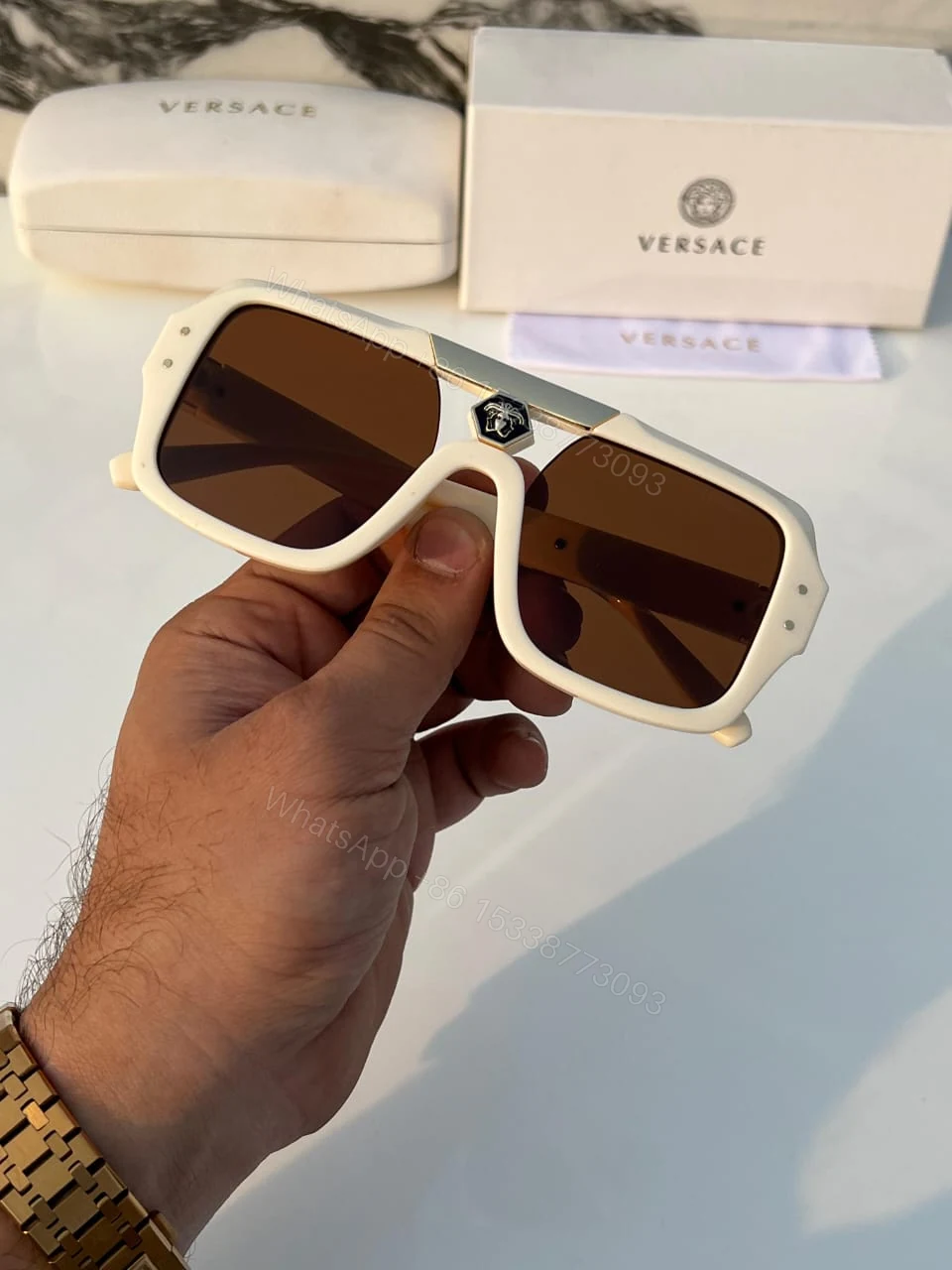 View 3 of Versace Sunglasses Rectangular Off-White Brown Gradient