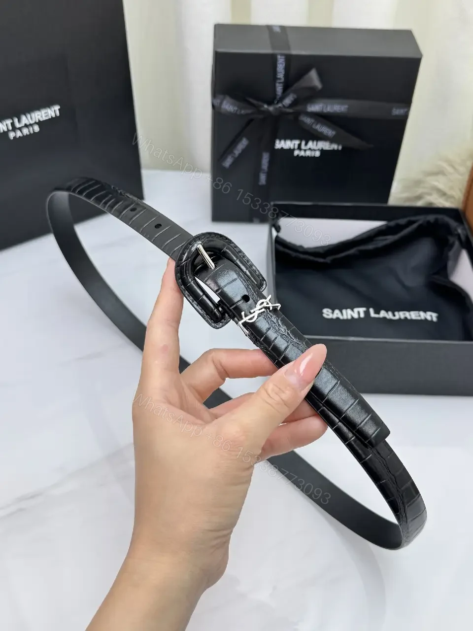 View 10 of Black Croc-Embossed Leather Belt, Silver Buckle, Elegant Saint Laurent Style