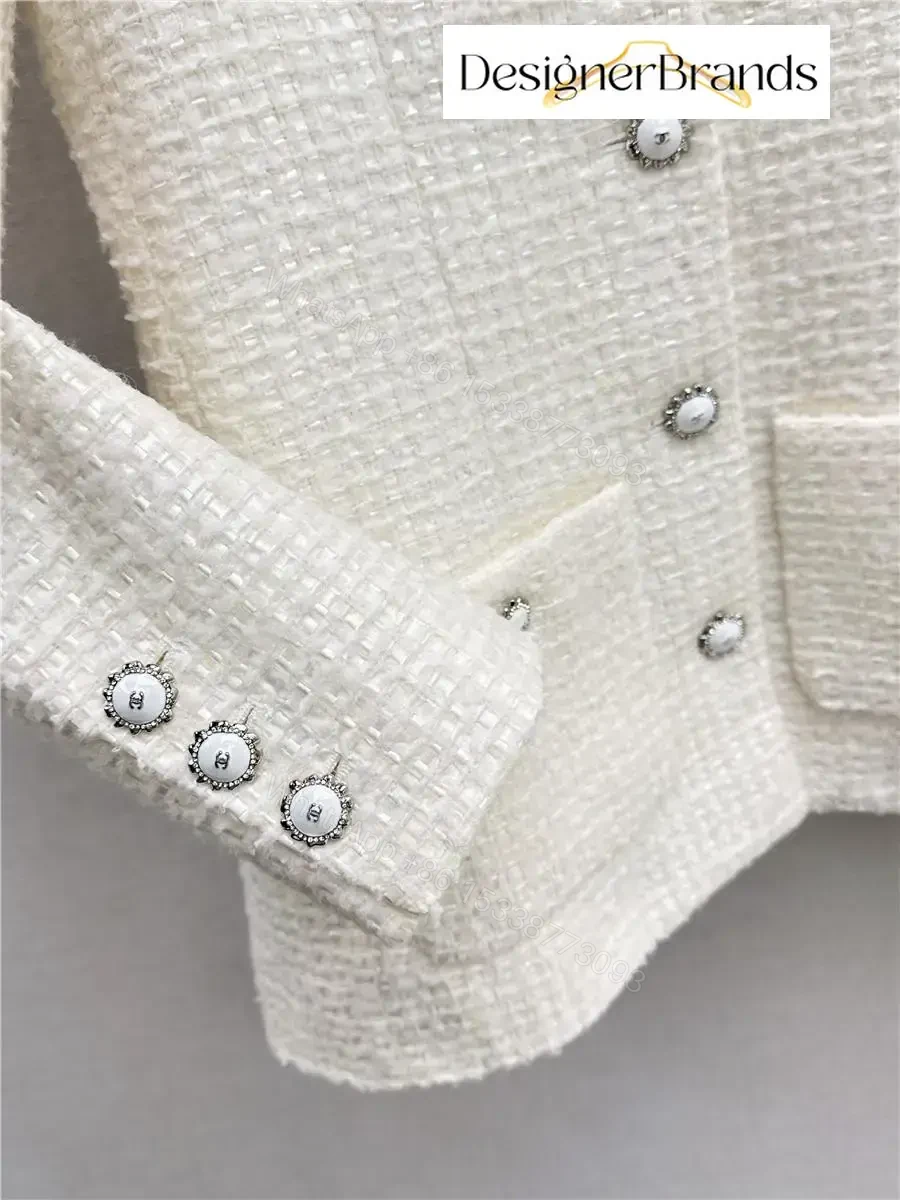 View 8 of Ivory Tweed Blazer with Ruffle Collar – Luxe, Structured Style