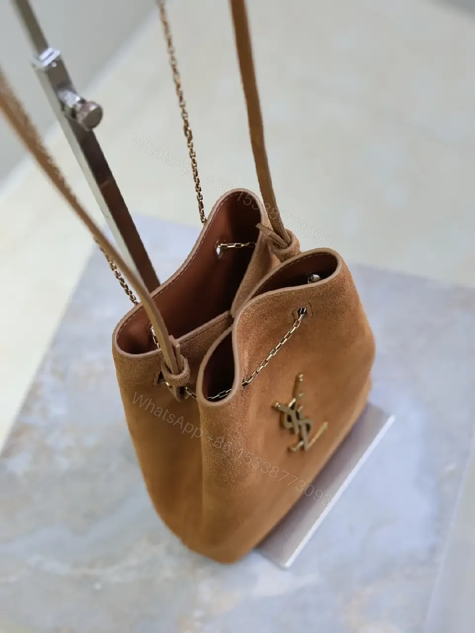 View 2 of Brown suede YSL-inspired shoulder bag with gold-tone chain strap