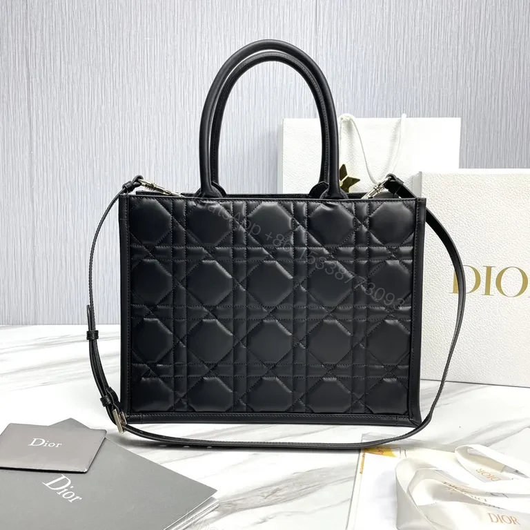 View 4 of Structured Black Quilted Handbag with Dior Charm