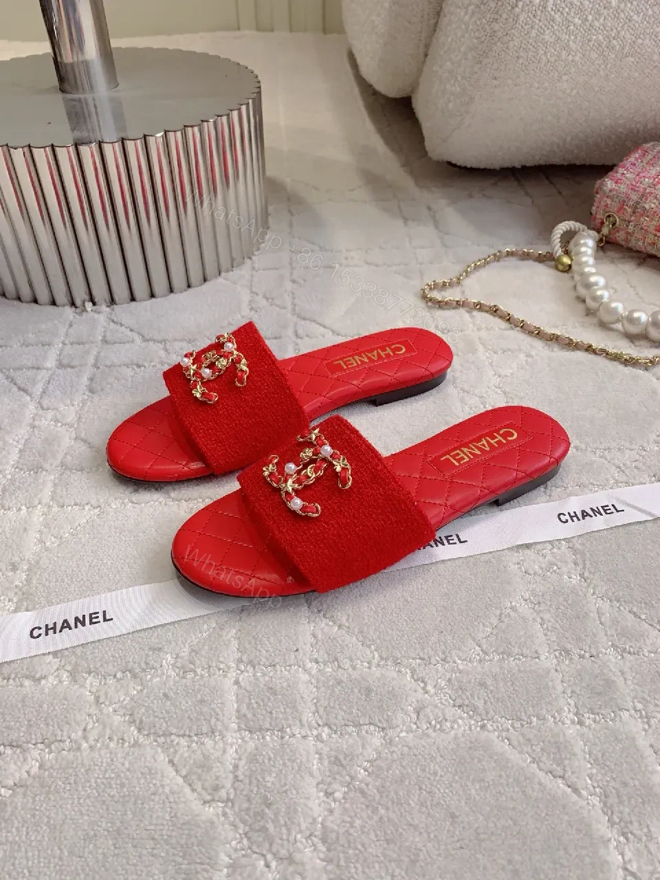 View 2 of Red Textured Slides with Logo Straps, Luxury Chic Slip-Ons