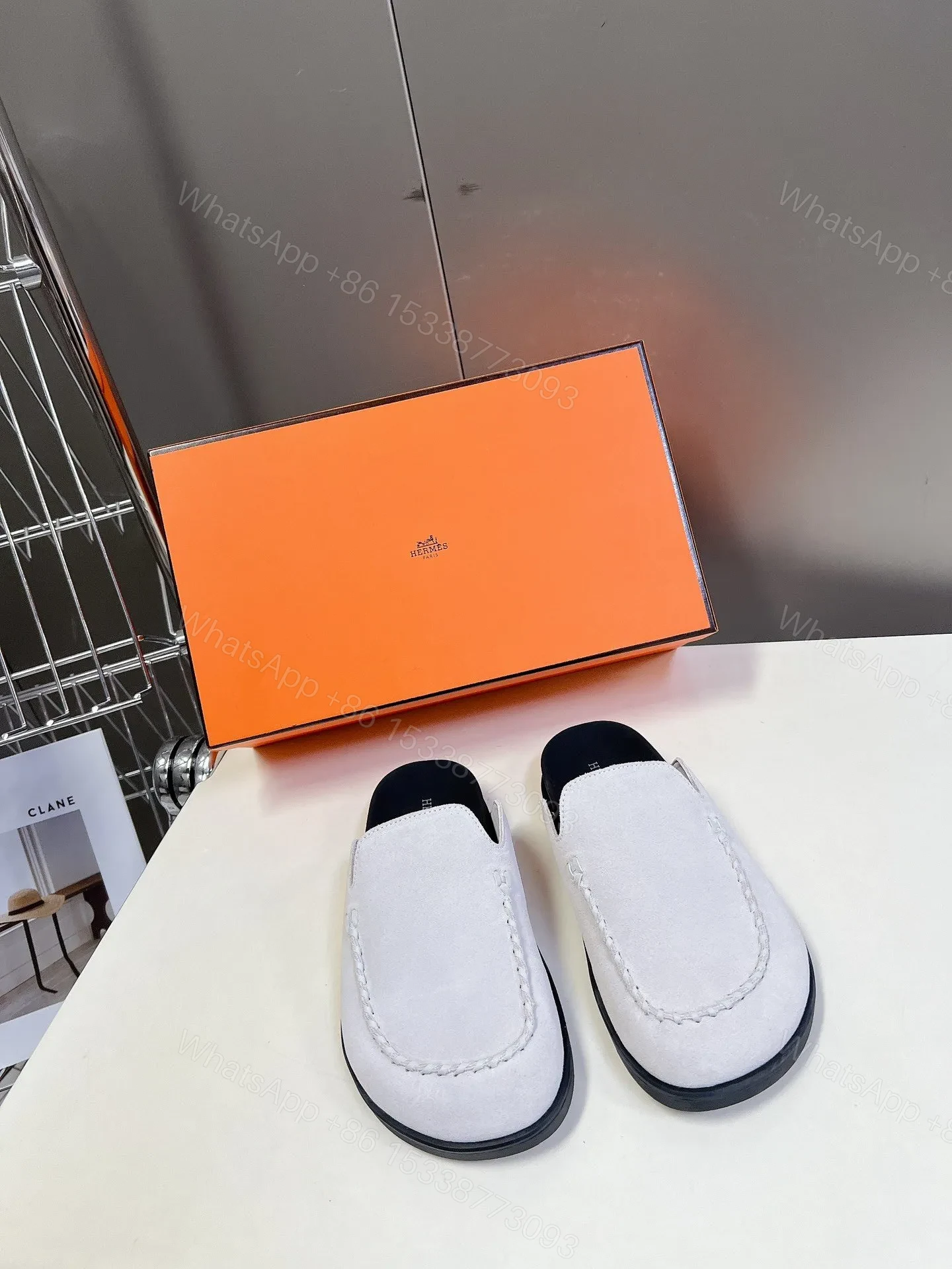 Hermes Women White Suede Leather Slippers — view 1