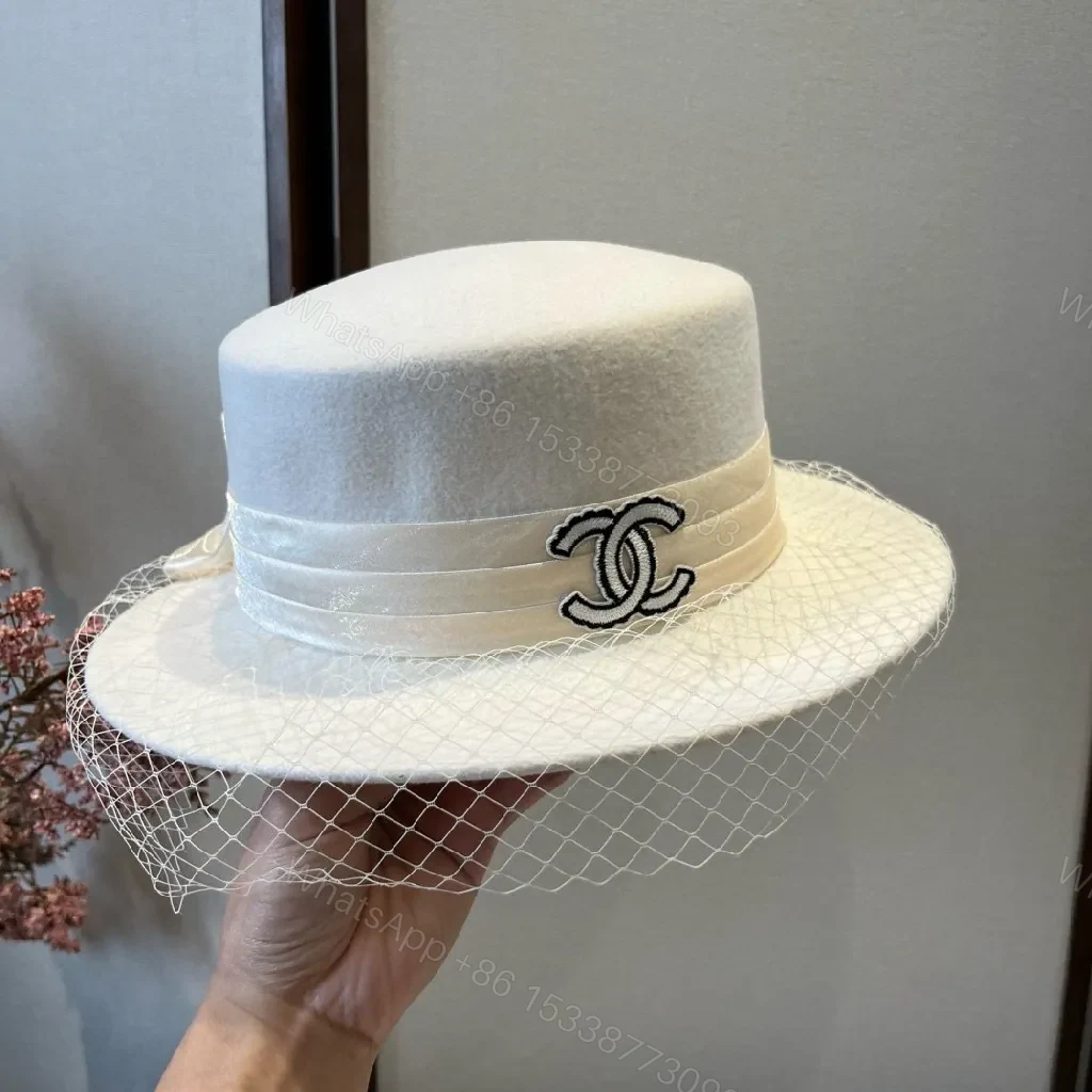View 5 of Ivory Felt Fedora with Veil & Emblem Accent