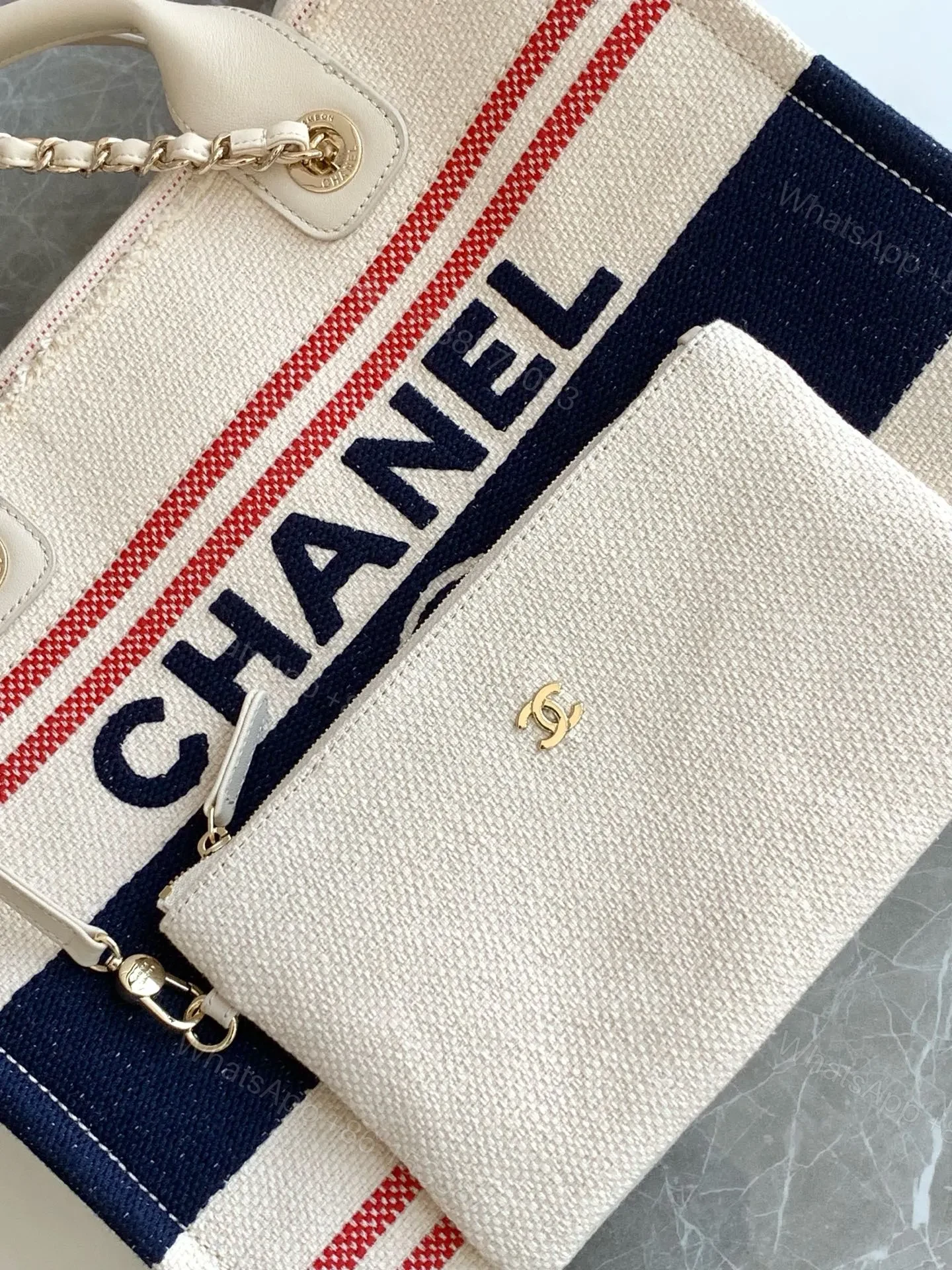View 4 of CHANEL SHOPPING BAG 34 IN WHITE RED AND NAVY BLUE CANVAS