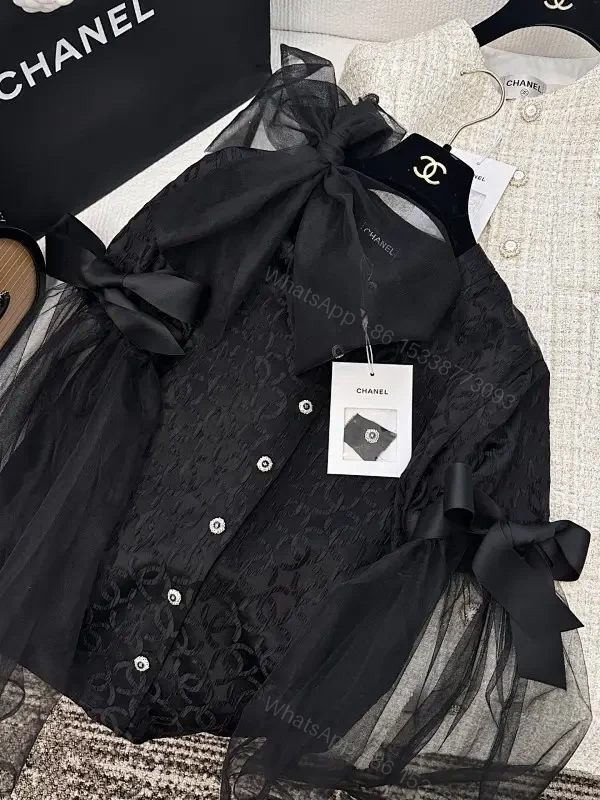 Black Lace Blouse with Ribbon Details - Couture-Inspired Elegance — view 1