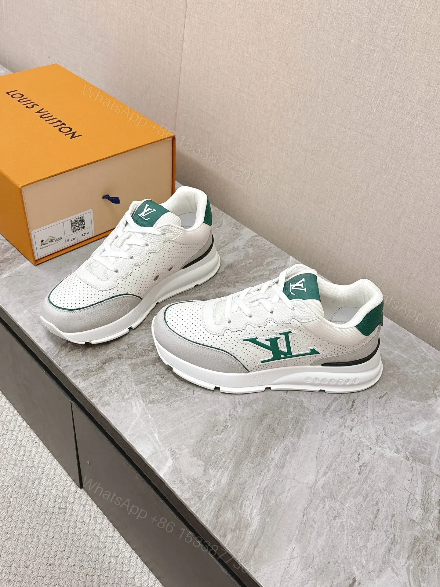 View 3 of LV Women White Leather Green Accent Sneakers