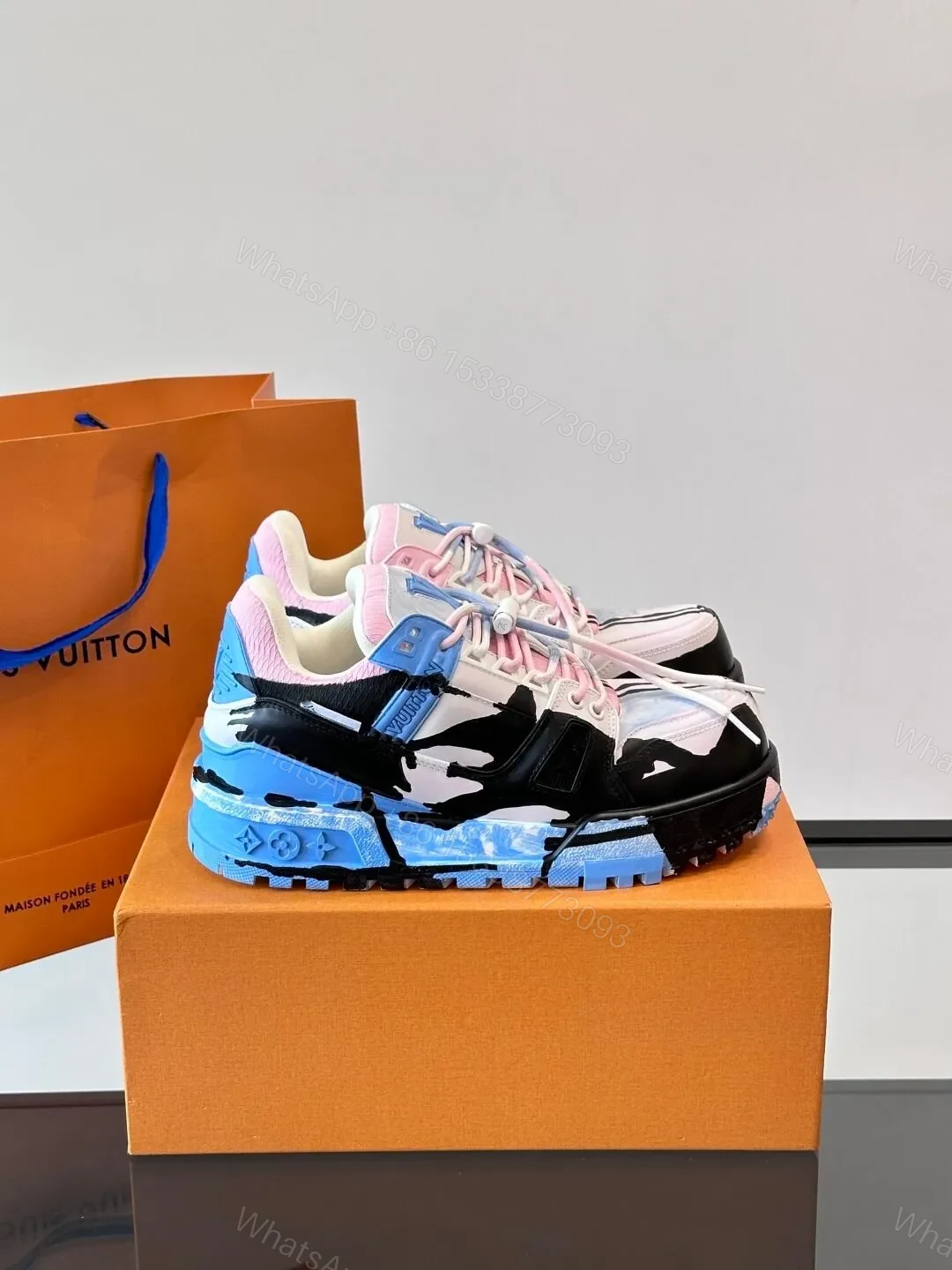 LV Men Blue Pink Black Leather Sneakers — view 1
