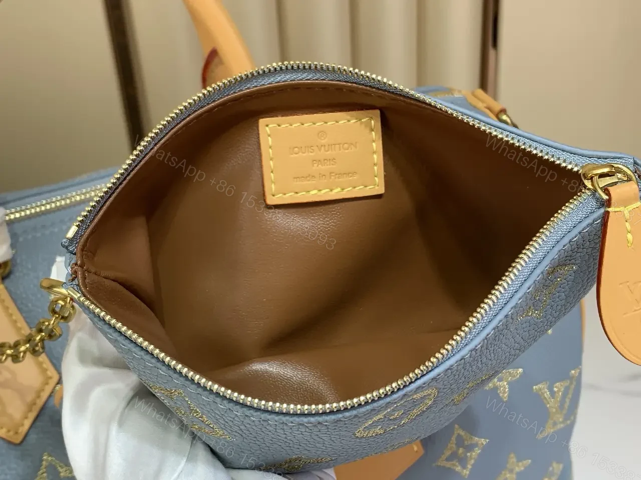 View 5 of Blue Canvas Monogram Duffel Bag, Structured Travel Weekender, Leather Trim