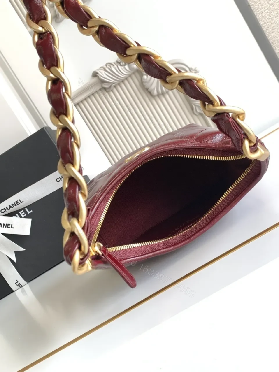 View 9 of Burgundy Quilted Mini Bag with Gold Chain Strap