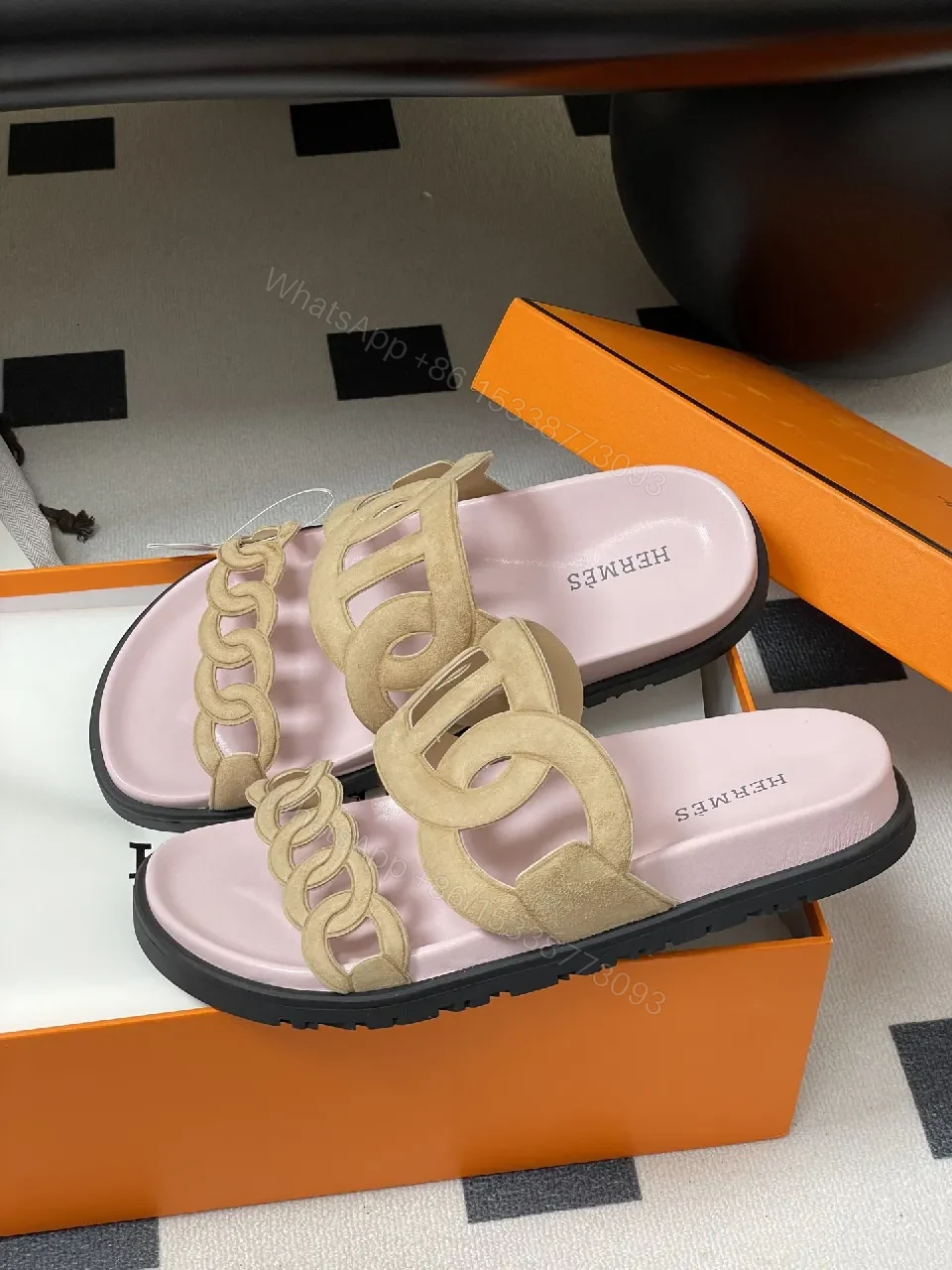 View 8 of Soft Pink Leather Slides with Signature Interlaced Straps