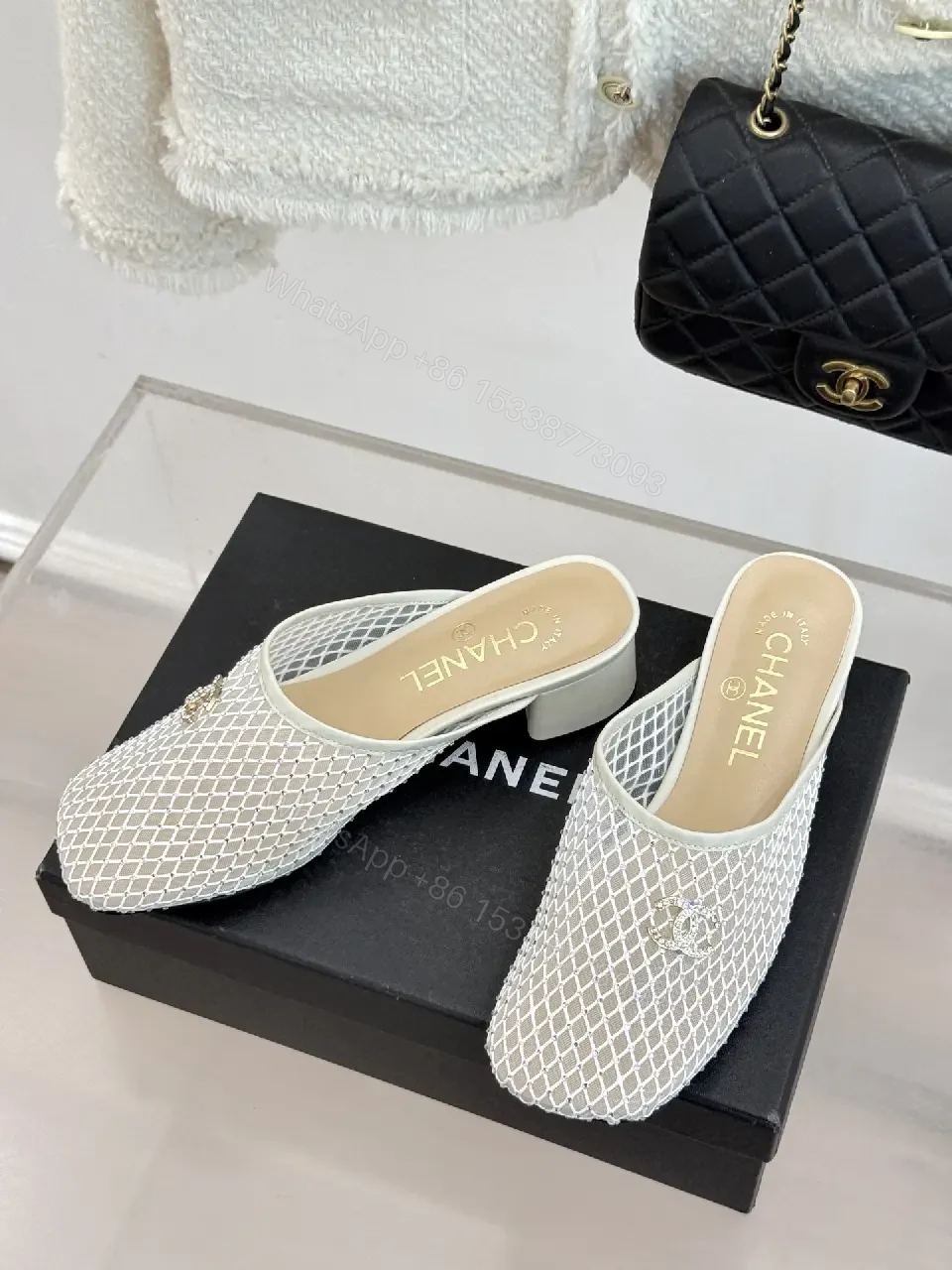 View 5 of White Mesh Mules Silver Heel Classic Chanel Style Slippers