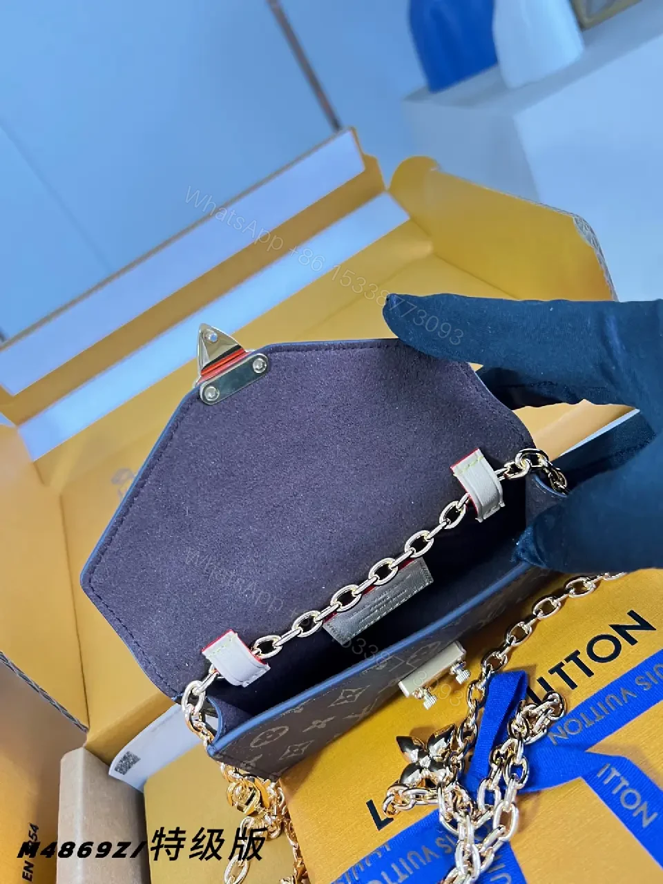 View 3 of Dark Brown LV Monogram Crossbody Satchel with Gold Chain Strap