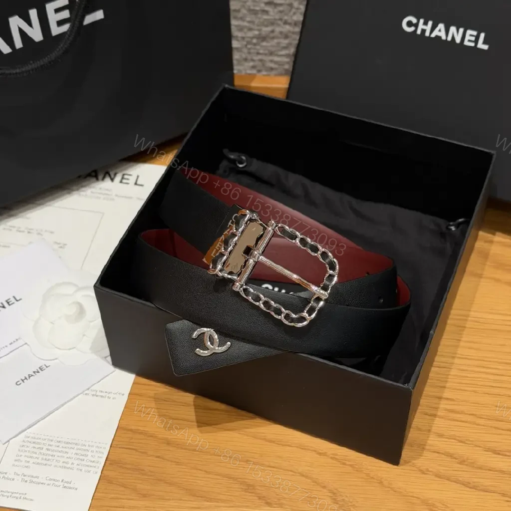 View 5 of Black Leather Belt - Silver Buckle, Chain-Link, Chanel-Style Logo