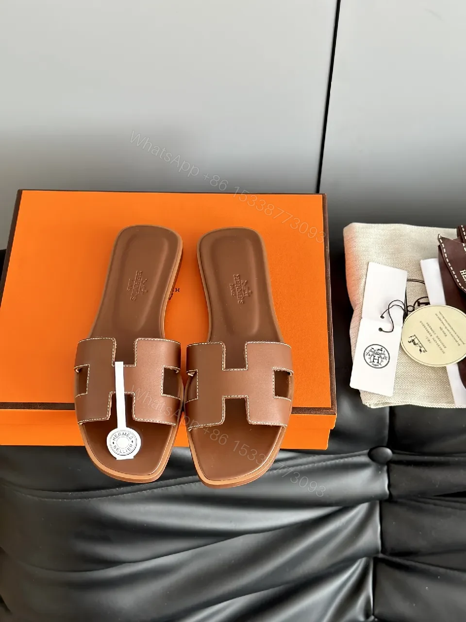 View 4 of Brown Leather Sandals with H-Strap Comfort