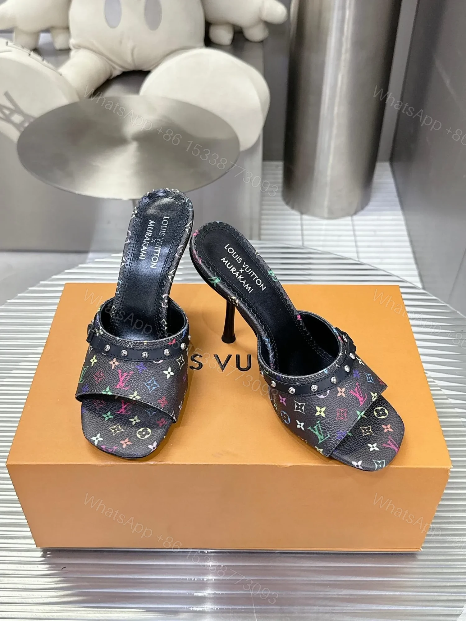 View 4 of LV Women Black Leather Multicolor Logo Mules