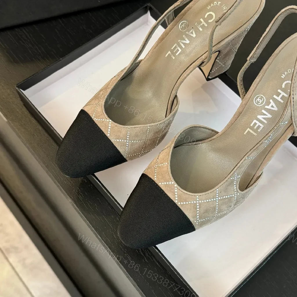 View 4 of Taupe Grid Textured Slingbacks with Black Cap Toe - Elegant Heels