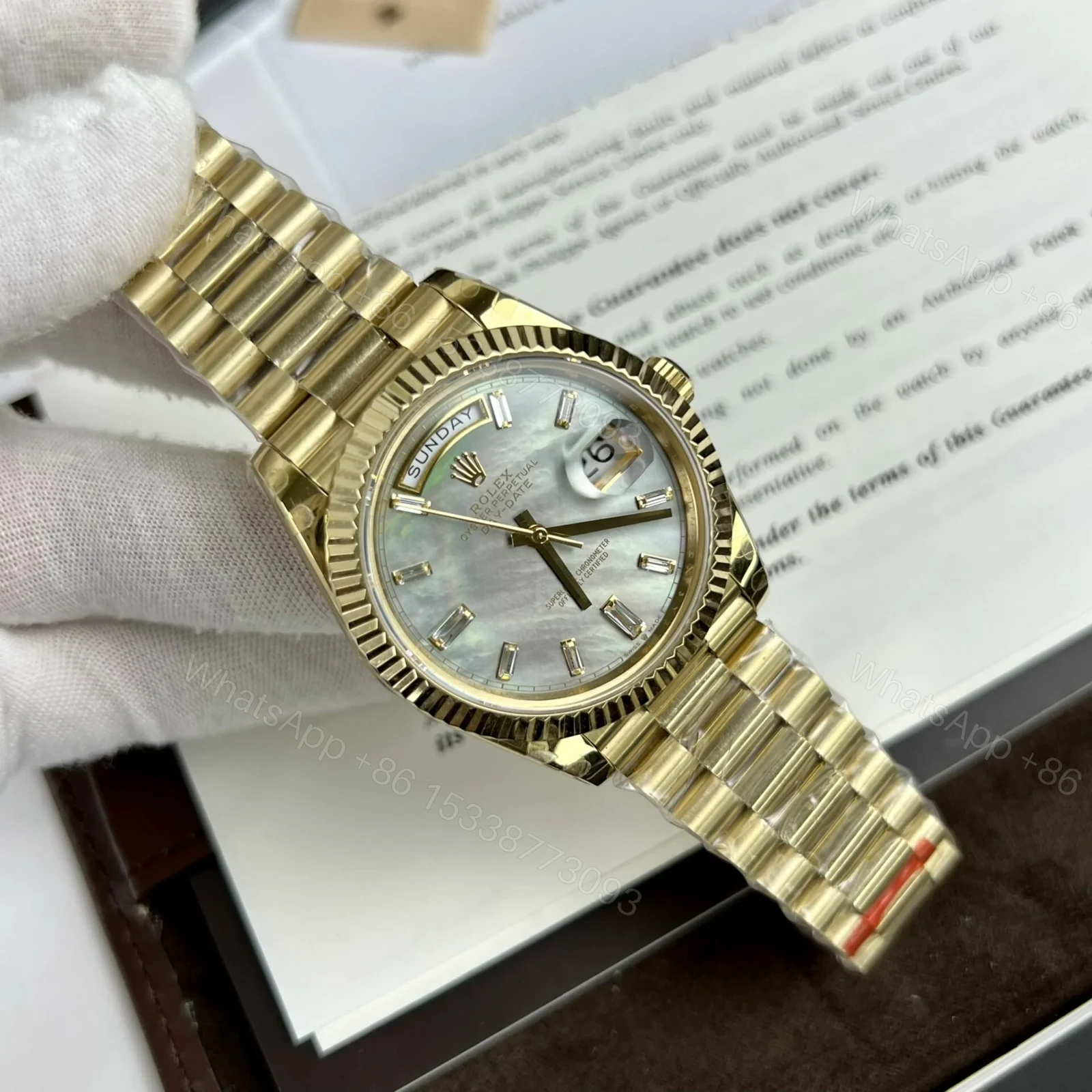 View 2 of Superclone Rolex Day-Date White Mother-of-Pearl Diamond Dial 128238-0123 36 mm