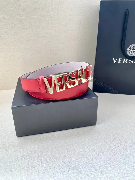 View 7 of Bold Red & Pink Versace Belt with Gold Logo Buckle