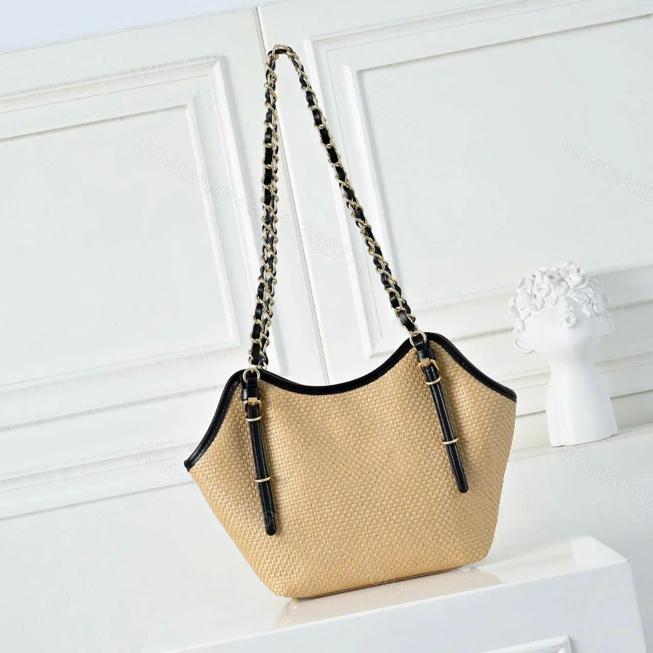 View 5 of Chanel Medium Shopping Bag Braided Raffia And Gold Tone Metal In Beige 30Cm
