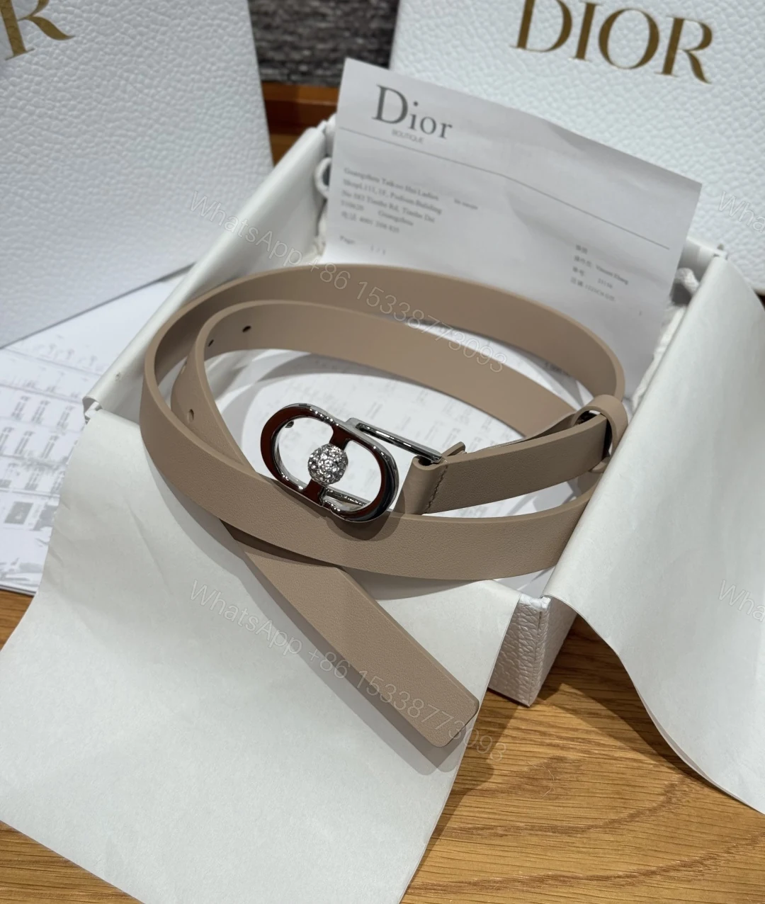 Dior 一比一女士皮帶 杏色皮革搭配銀扣鑽球 優雅百搭新作 — view 1