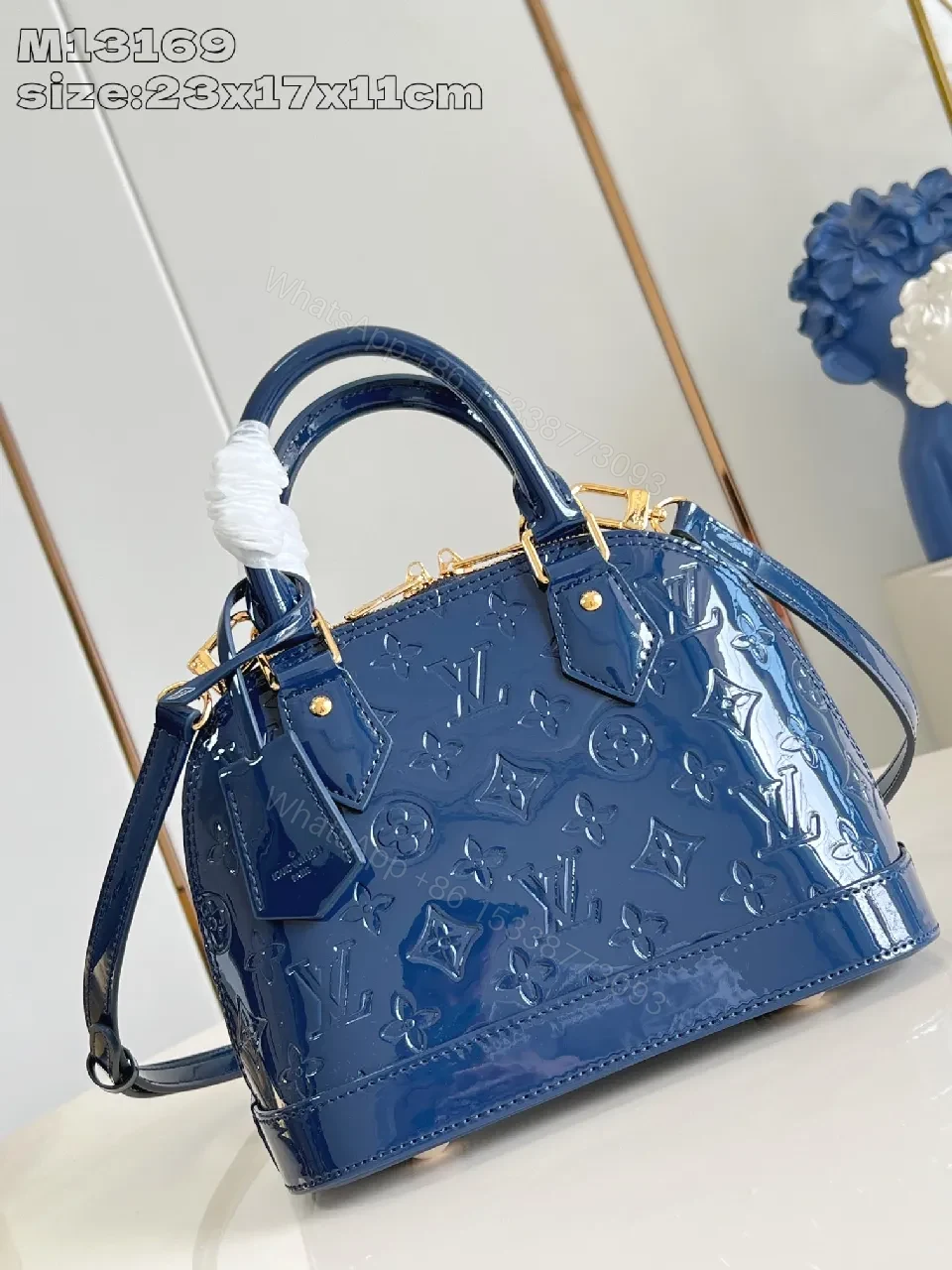 Glossy Blue Satchel: Monogram-Texture Patent Tote — view 1
