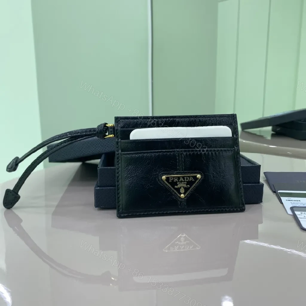 View 8 of Black Leather Compact Cardholder, Gold Logo, Minimalist, Central Bill Compartment, Cardholder