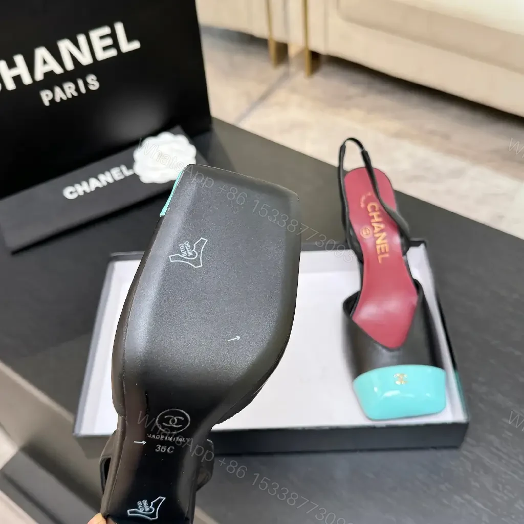 View 7 of Color-Block Leather Slingback Heels with Turquoise Toe Cap