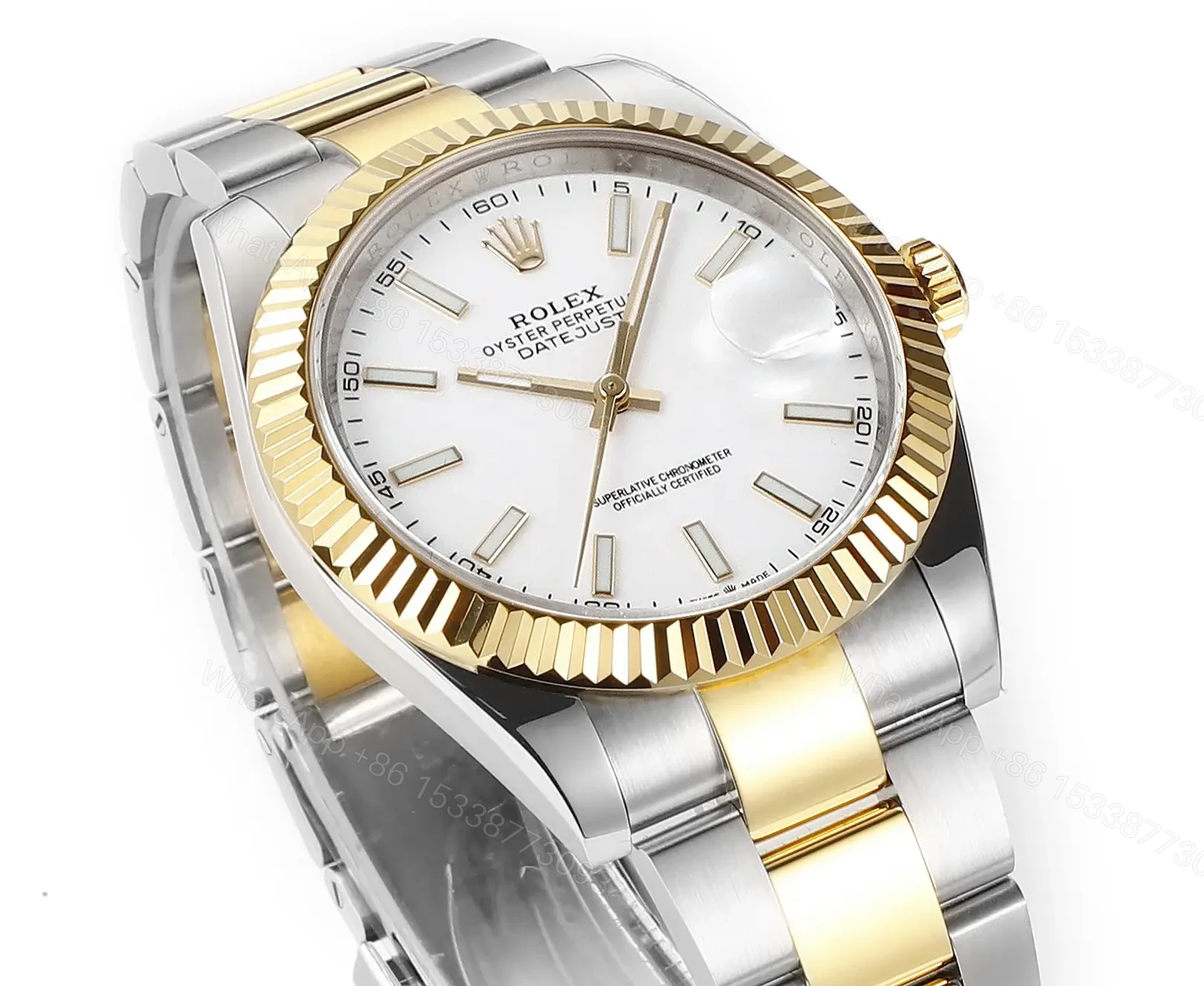 View 3 of Rolex Datejust 41 Yellow Rolesor Fluted Oyster White Dial Watch 126333-0015