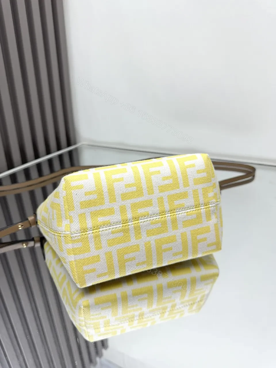 View 9 of Yellow Canvas Tote, Geometric Print, Mini, Structured, Everyday Luxury Tote