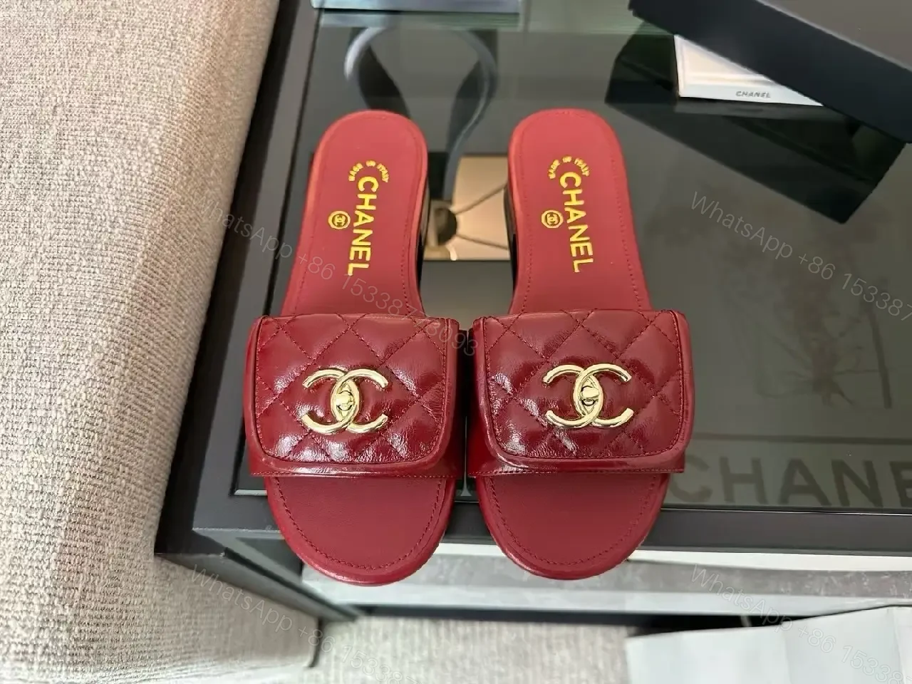 View 5 of Velvet Red Slides with Gold Hardware – Luxe Comfort