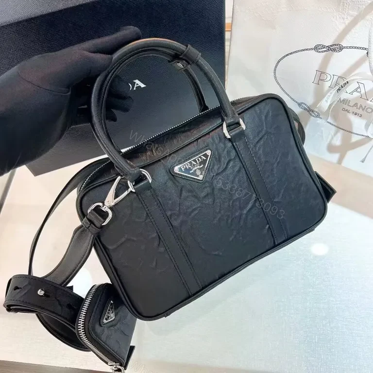 View 2 of Black Prada-Style Structured Top-Handle Bag, Compact Luxury