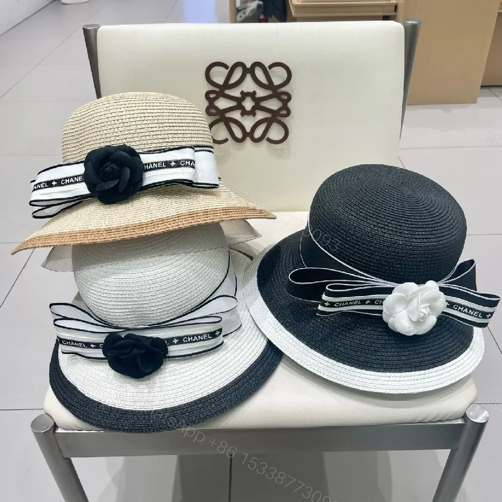 View 8 of Black-White Straw Hat with Ribbon Flower Accent - Sun Ready Couture-style Hat